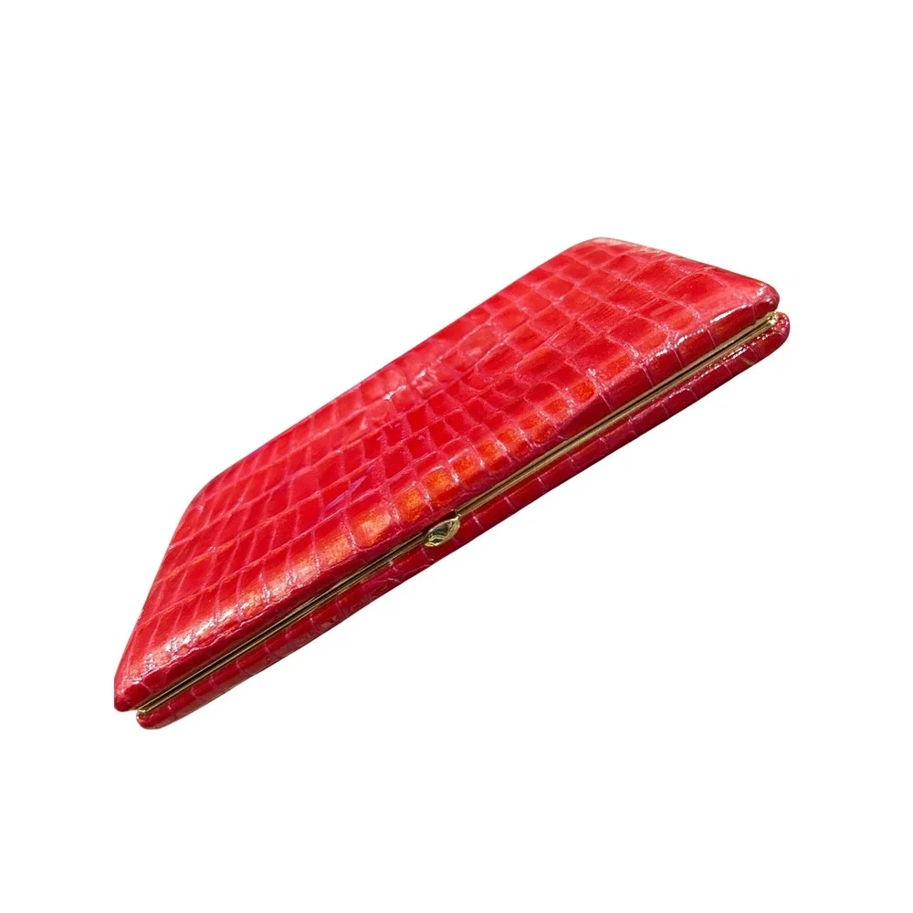 Abas Red Glossy Crocodile Embossed Leather Clutch Wallet Gold Frame